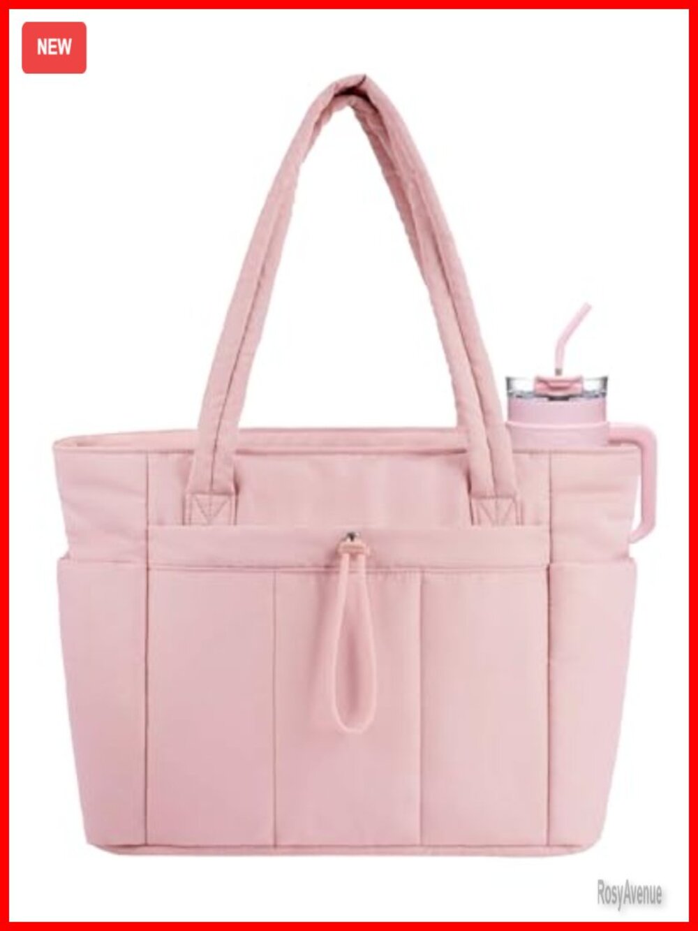 Lightweight Puffer Tote Bag with Cup Holder & Laptop Compartment for Work Travel